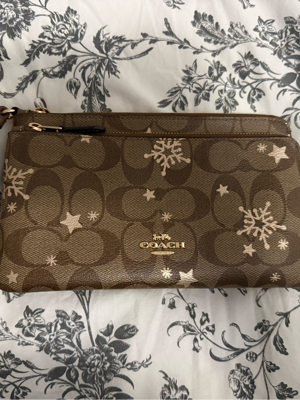 Coach Double Zip Wallet Signature Canvas Star & Snowflake Print NWOT